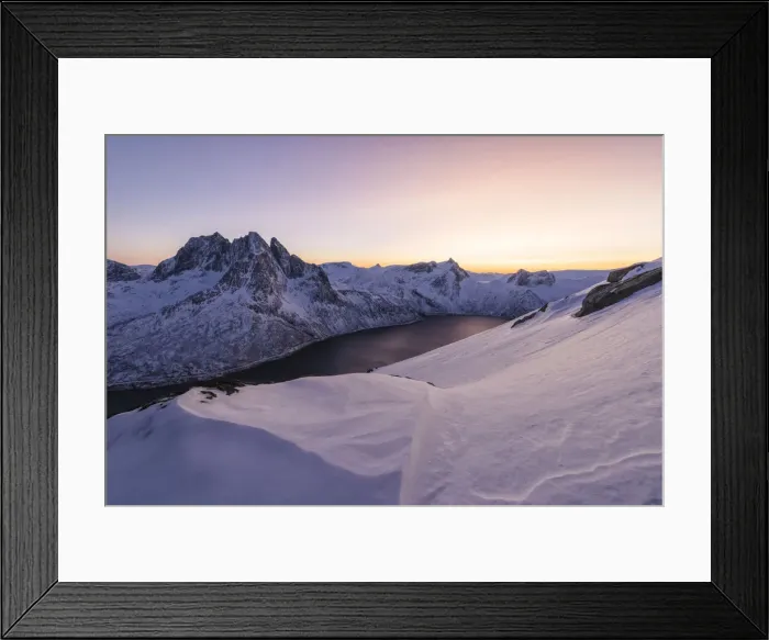 Framed Print : Sunset lights up the snowy peak of Mount Breidtinden and the icy sea along the Mefjorden Berg Senja Tromso Norway Europe Framed Print : Sunset lights up the snowy peak of Mount Breidtinden and the icy sea along the Mefjorden Berg Senja Tromso Norway Europe