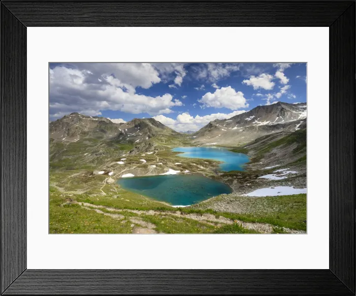 Framed Print : Clouds and sun on turquoise lakes framed by rocky peaks Joriseen Jaorifless Pass canton