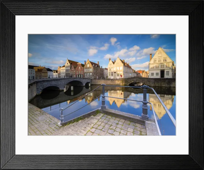 Framed Print : View of the typical buildings reflected on the canal at sunrise from a terrace Framed Print : View of the typical buildings reflected on the canal at sunrise from a terrace
