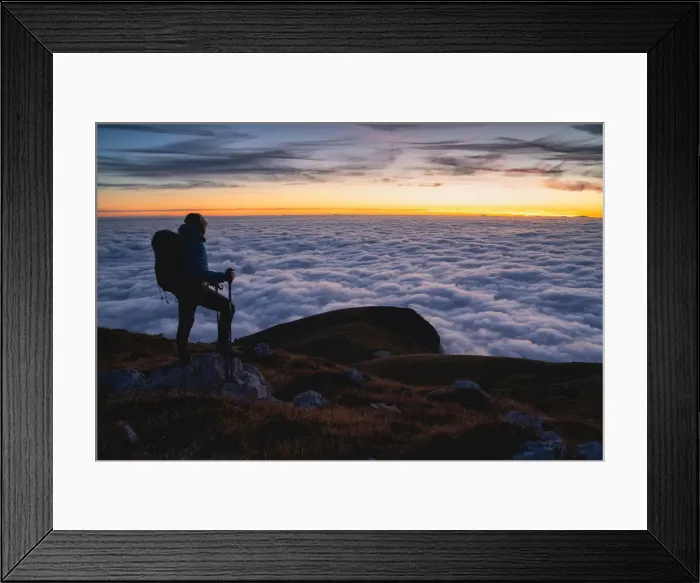 Framed Print : Trekker at Sunset from Mount Guglielmo above the Clouds, Brescia province, Lombardy Framed Print : Trekker at Sunset from Mount Guglielmo above the Clouds, Brescia province, Lombardy