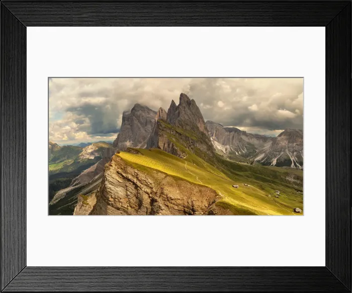 Framed Print : Elevated view from the top of Seceda mountain, of the Odle Mountains, Puez Odle Natural Framed Print : Elevated view from the top of Seceda mountain, of the Odle Mountains, Puez Odle Natural