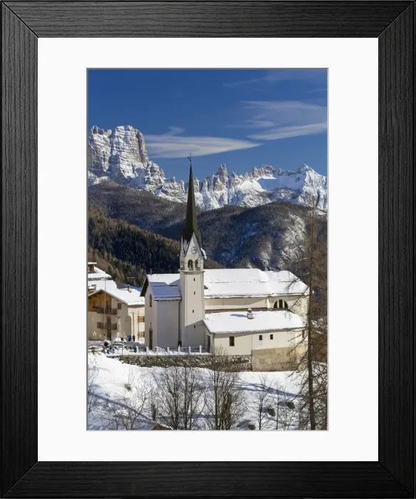 Framed Print : The snowy alpine village and church of Zoppa di Cadore framed by the peak of Bosconero Framed Print : The snowy alpine village and church of Zoppa di Cadore framed by the peak of Bosconero
