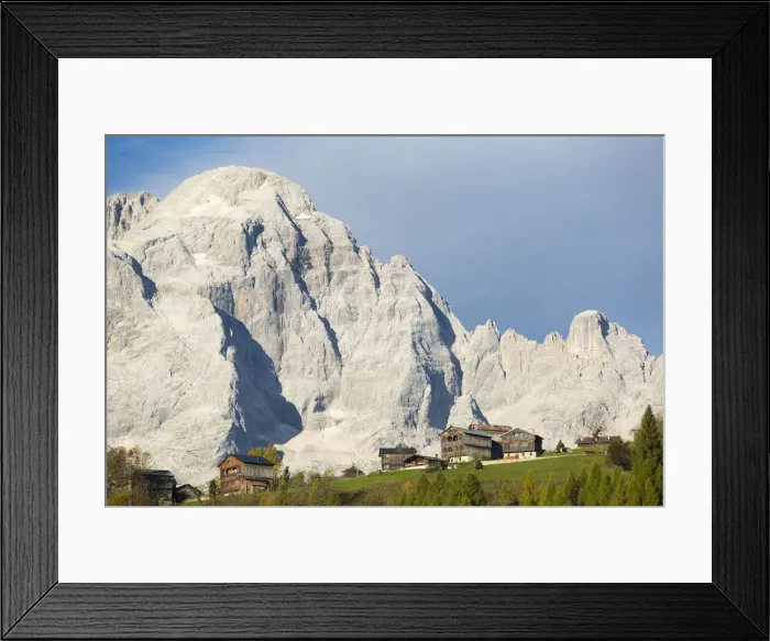 Framed Print : Barns with Civetta mountain in the background. Zoldo, Veneto, Italy Framed Print : Barns with Civetta mountain in the background. Zoldo, Veneto, Italy