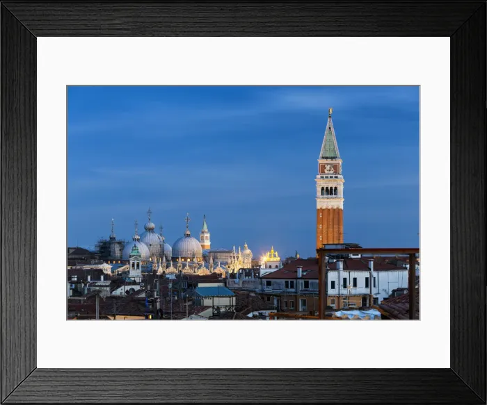 Framed Print : Venice roofs with St Mark Basilica, San Giorgio Maggiore and St Mark bell tower. Venice