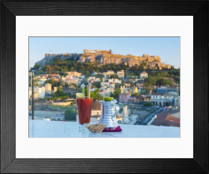 Framed Print : Cocktails on rooftop bar and the Acropolis in the background, Athens, Greece Framed Print : Cocktails on rooftop bar and the Acropolis in the background, Athens, Greece