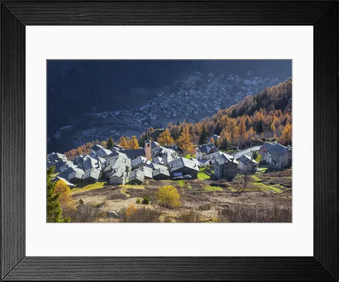 Framed Print : Top view of Starleggia and Campodolcino still in shadow in autumn Framed Print : Top view of Starleggia and Campodolcino still in shadow in autumn