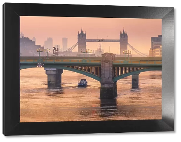 Sunrise over Southwark Bridge and London Bridge along River Thames, London, United
