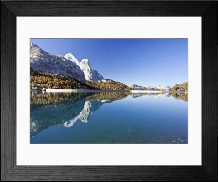 Framed Print : The Gran Vernel reflected in Lake Fedaia in an autumn morning Framed Print : The Gran Vernel reflected in Lake Fedaia in an autumn morning