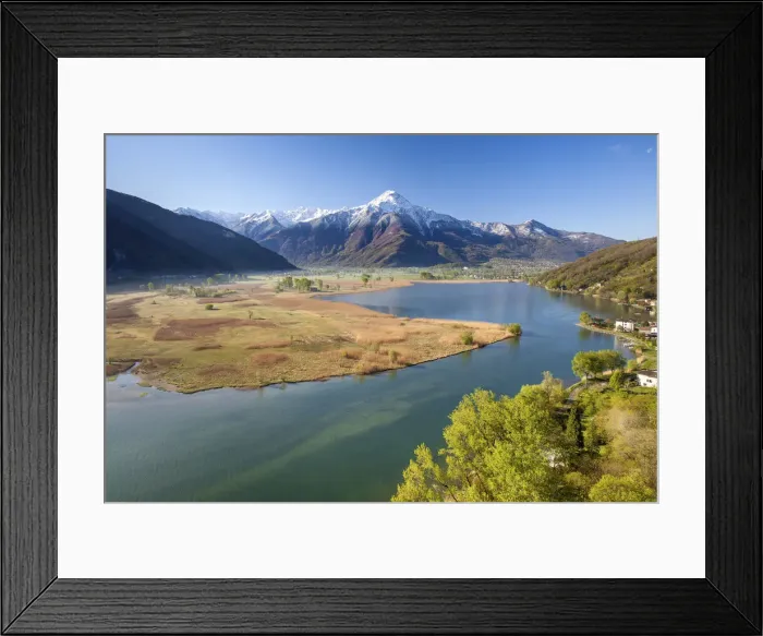 Framed Print : Top view of the reserve of Pian di Spagna and the snowy peak of Mount Legnone Framed Print : Top view of the reserve of Pian di Spagna and the snowy peak of Mount Legnone