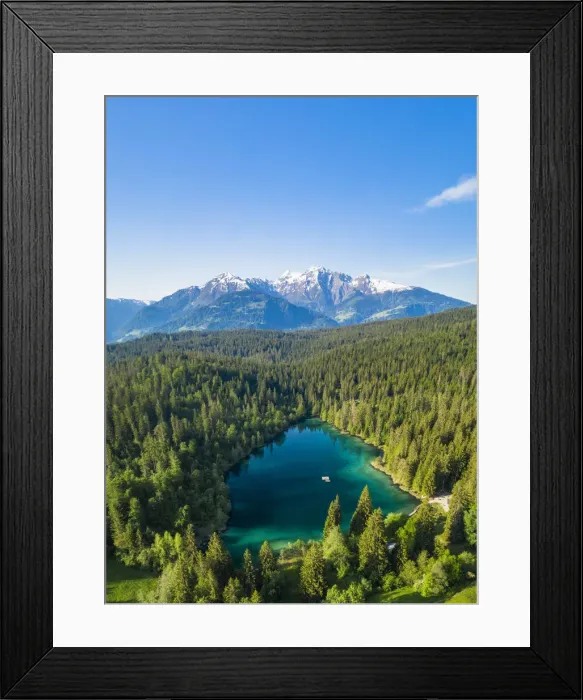 Framed Print : Aerial panoramic of Cresta lake (Crestasee) and woods, Flims, canton of Graubunden Framed Print : Aerial panoramic of Cresta lake (Crestasee) and woods, Flims, canton of Graubunden