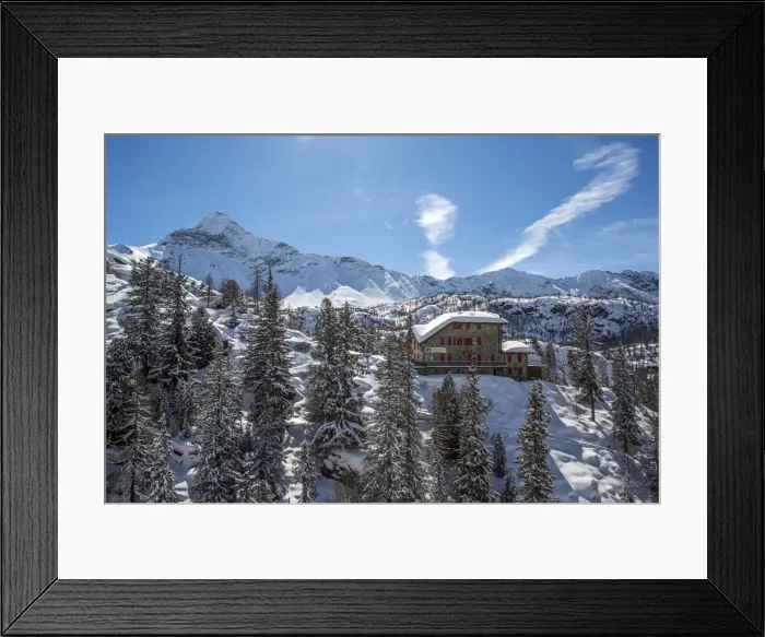 Framed Print : Aerial view of the Zoia Hut in winter with Scalino Peak in the background. Valmalenco Framed Print : Aerial view of the Zoia Hut in winter with Scalino Peak in the background. Valmalenco