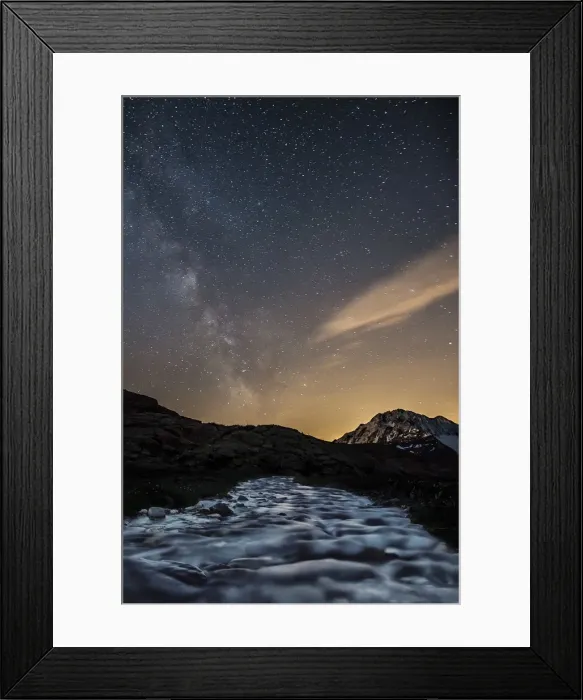 Framed Print : The Milky Way shining over Mount Disgrazia while a stream is quietly flowing towards Framed Print : The Milky Way shining over Mount Disgrazia while a stream is quietly flowing towards