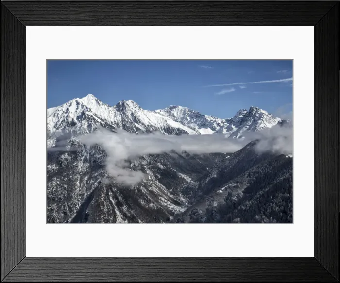 Framed Print : Aerial view of Predarossa Valley in winter with Mount Disgrazia and Corni Bruciati Framed Print : Aerial view of Predarossa Valley in winter with Mount Disgrazia and Corni Bruciati