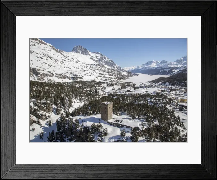 Framed Print : Aerial view of Belvedere tower of maloja with its village on the shores of Sils Lake Framed Print : Aerial view of Belvedere tower of maloja with its village on the shores of Sils Lake