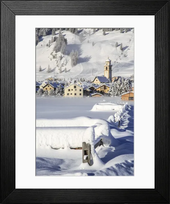Framed Print : The village of Samedan in Engadine in winter. Canton of Graubunden. Switzerland Framed Print : The village of Samedan in Engadine in winter. Canton of Graubunden. Switzerland