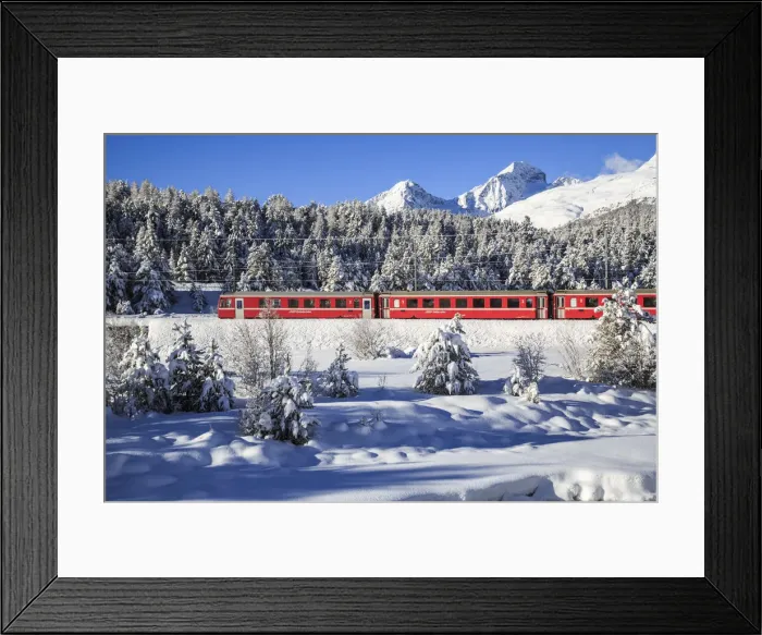 Framed Print : The Red Bernina train in winter in the snowy landscape of Engadine. Switzerland Framed Print : The Red Bernina train in winter in the snowy landscape of Engadine. Switzerland