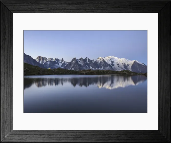 Framed Print : The Mont Blanc mountain range reflected in the waters of Lac de Chesery at sunrise Framed Print : The Mont Blanc mountain range reflected in the waters of Lac de Chesery at sunrise