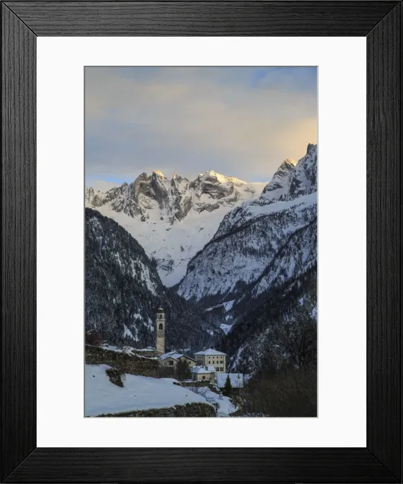 Framed Print : Sunset over the granitic peaks of Sciore seen from the village of Soglio. Val Bregaglia Framed Print : Sunset over the granitic peaks of Sciore seen from the village of Soglio. Val Bregaglia