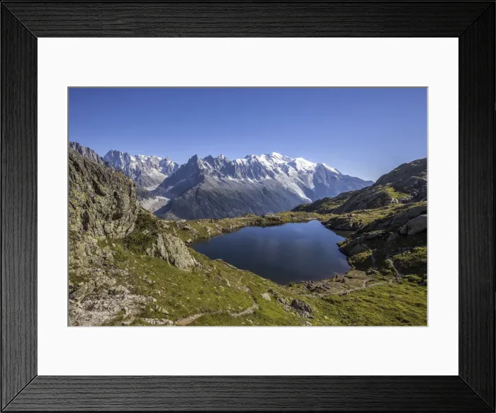 Framed Print : Mountain range of Mont Blanc from Lac De Cheserys. Haute Savoie. France Europe Framed Print : Mountain range of Mont Blanc from Lac De Cheserys. Haute Savoie. France Europe