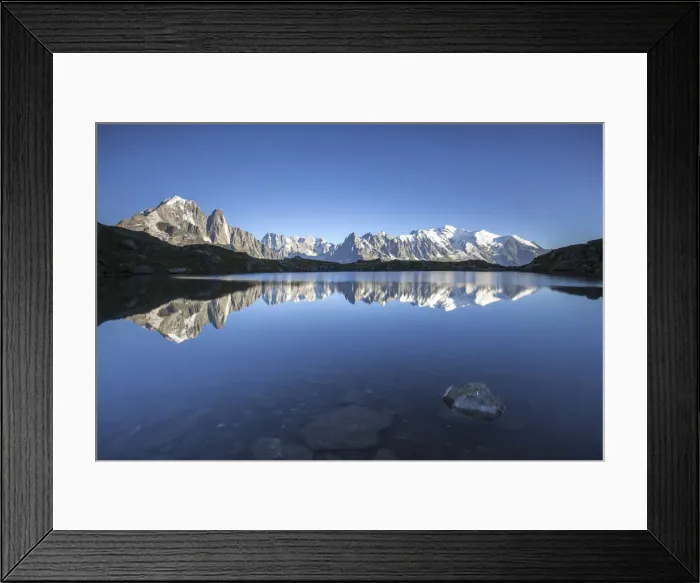 Framed Print : The Mont Blanc mountain range reflected in the waters of Lac de Chesery Framed Print : The Mont Blanc mountain range reflected in the waters of Lac de Chesery