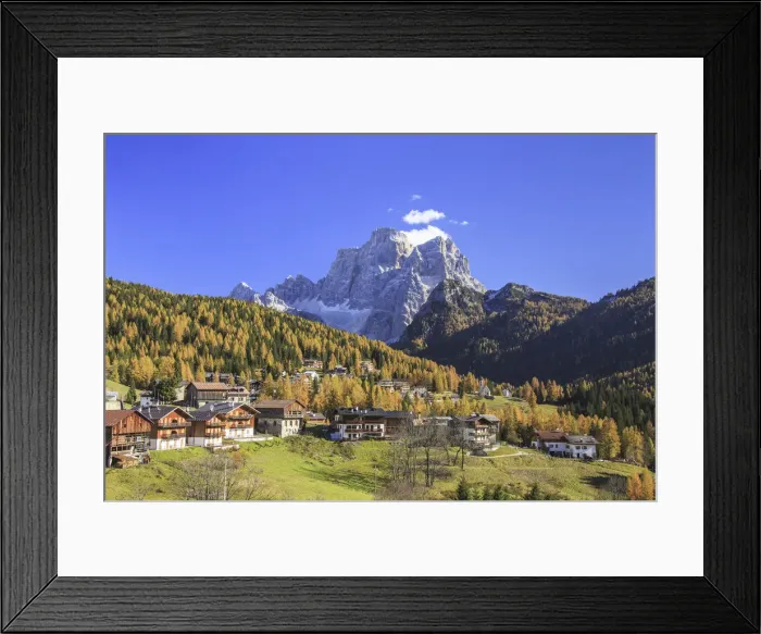 Framed Print : Colorful autumn larches in Selva of Cadore with Mount Pelmo in the background. Dolomites Framed Print : Colorful autumn larches in Selva of Cadore with Mount Pelmo in the background. Dolomites