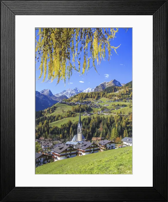 Framed Print : Yellow larches color the villages of Selva of Cadore and Saint Lucia hill in autumn Framed Print : Yellow larches color the villages of Selva of Cadore and Saint Lucia hill in autumn