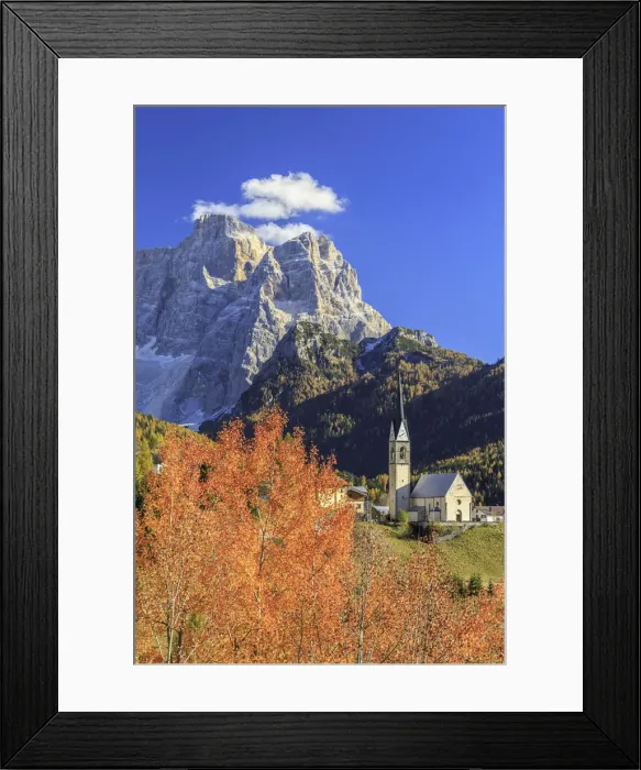 Framed Print : Church of Selva of Cadore with Mount Pelmo in the background in autumn. Dolomites Framed Print : Church of Selva of Cadore with Mount Pelmo in the background in autumn. Dolomites