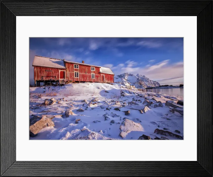 Framed Print : Clouds run over a typical red house of Henningsvaer. Lofoten Islands. Norway Framed Print : Clouds run over a typical red house of Henningsvaer. Lofoten Islands. Norway