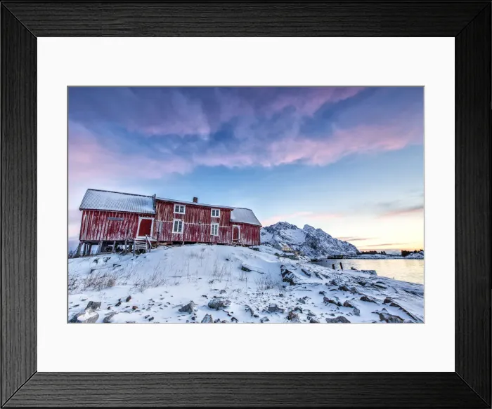 Framed Print : The colors of dawn light up the sky above Henningsvaer. Lofoten Islands. Norway Framed Print : The colors of dawn light up the sky above Henningsvaer. Lofoten Islands. Norway