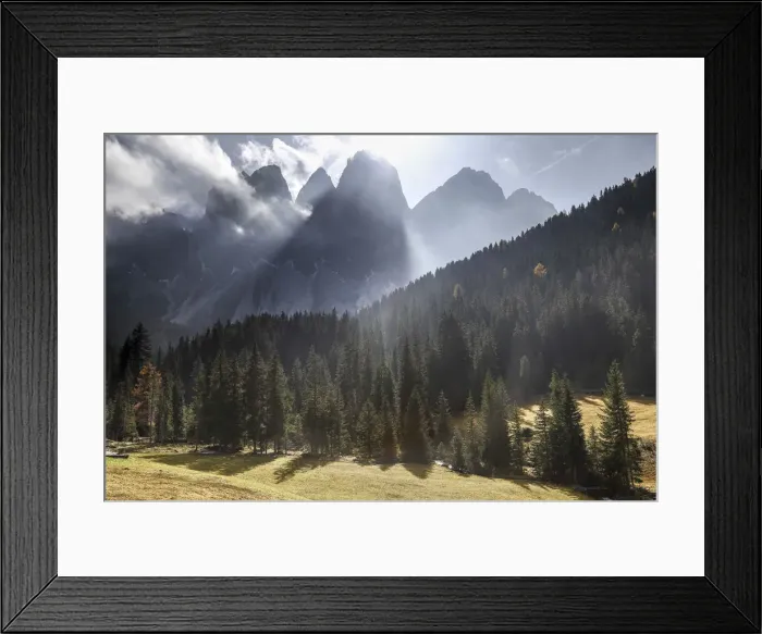 Framed Print : Colorful woods in autumn frame the Odle. Malga Zannes