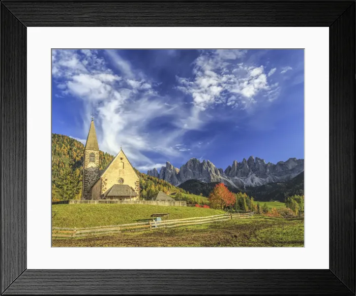 Framed Print : Church of St. Magdalena. In the background the Odle Mountains Framed Print : Church of St. Magdalena. In the background the Odle Mountains