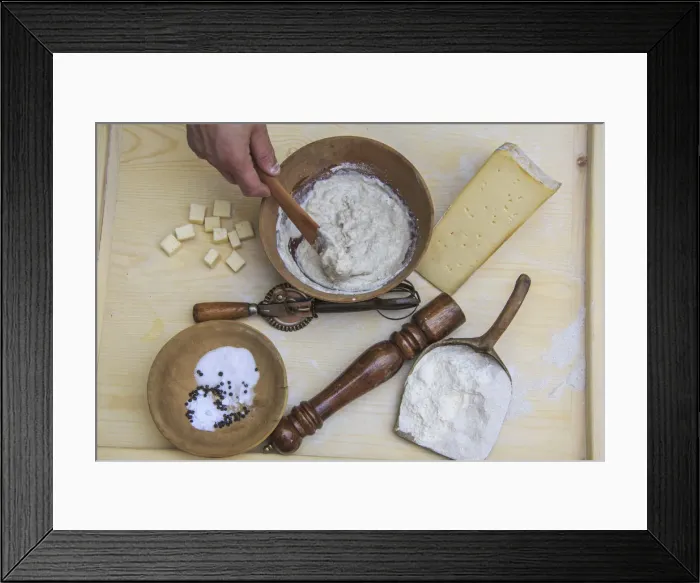 Framed Print : Batter ready for Sciatt with the basic ingredients. Valtellina. Lombardy. Italy. Europe
