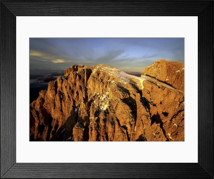 Framed Print : Aerial shot of Sassolungo and Sassopiatto at sunset Framed Print : Aerial shot of Sassolungo and Sassopiatto at sunset