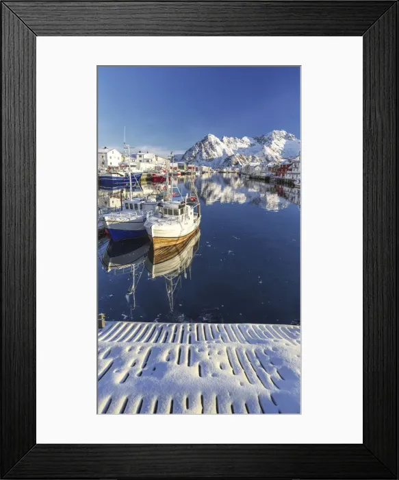 Framed Print : Boats still in Henningsvaer port. Lofoten Islands. Norway. Europe