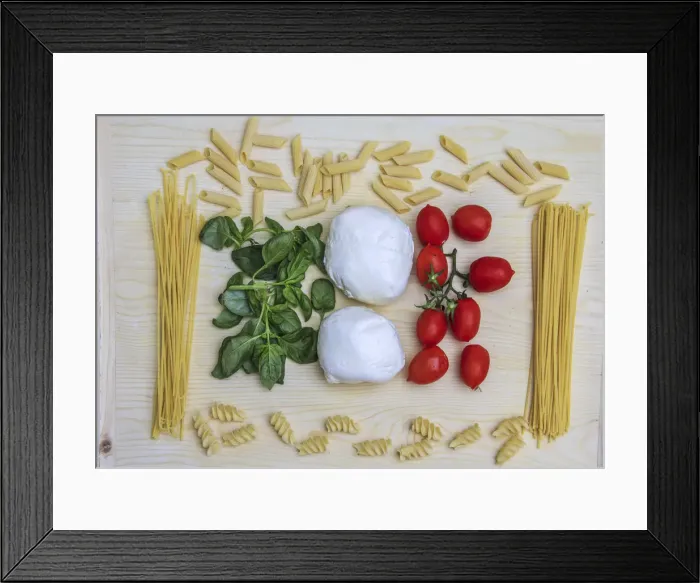 Framed Print : Flag created with Italian pasta, basil, mozzarella and tomatoes. Lombardy. Italy. Europe Framed Print : Flag created with Italian pasta, basil, mozzarella and tomatoes. Lombardy. Italy. Europe