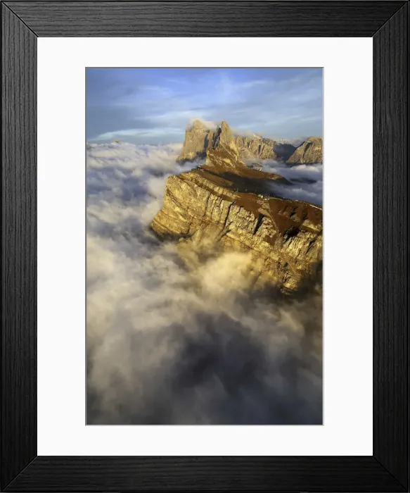 Framed Print : Aerial view from Seceda of Odle surrounded by clouds at sunset Framed Print : Aerial view from Seceda of Odle surrounded by clouds at sunset