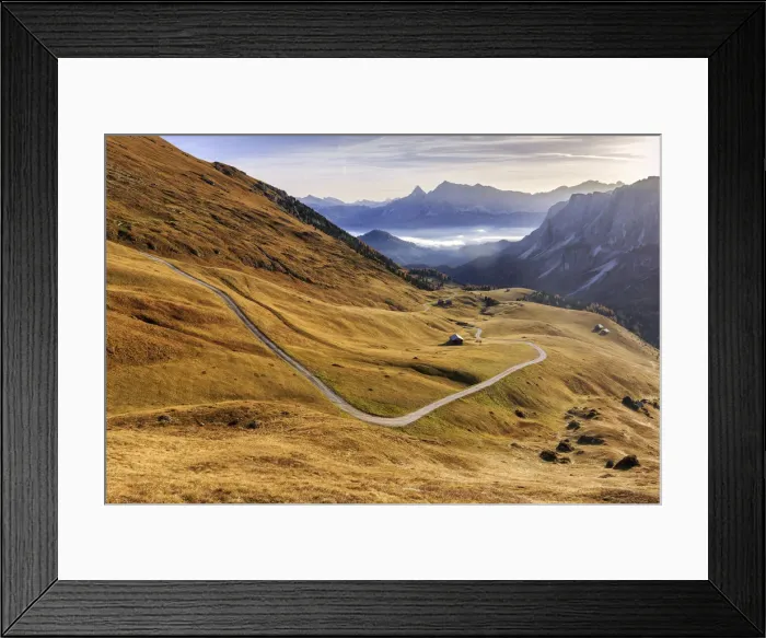 Framed Print : Autumn colors in the valley around the group Forcella De Furcia at sunrise
