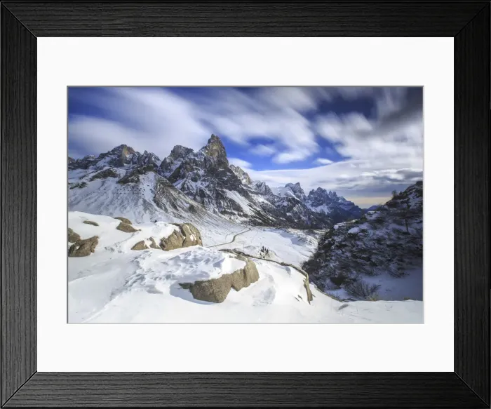 Framed Print : Cloudy winter sky on the snowy peaks of the Pale di San Martino Framed Print : Cloudy winter sky on the snowy peaks of the Pale di San Martino