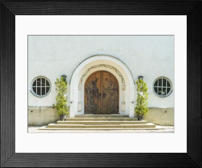Framed Print : Wolfratshausen, Upper Bavaria, Germany. Entrance portal to the evangelical church of St Framed Print : Wolfratshausen, Upper Bavaria, Germany. Entrance portal to the evangelical church of St