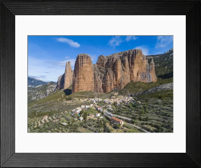 Framed Print : Riglos village with Mallets of Riglos in background. Riglos, province of Huesca, Aragon Framed Print : Riglos village with Mallets of Riglos in background. Riglos, province of Huesca, Aragon