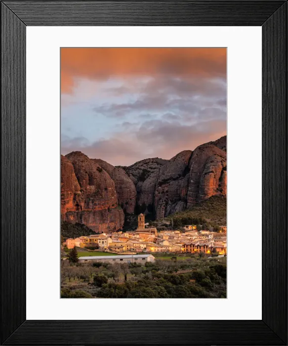 Framed Print : Aguero village with Mallets of Aguero at sunrise. Aguero, province of Huesca, Aragon