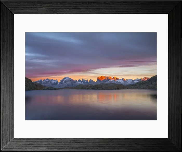 Framed Print : Brenta Dolomites at sunset in a cloud day with Black lake Framed Print : Brenta Dolomites at sunset in a cloud day with Black lake