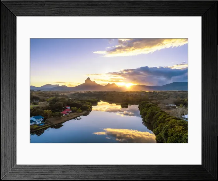 Framed Print : Aerial view of Tamarin bay with Rempart mountain in the background, during the sunrise Framed Print : Aerial view of Tamarin bay with Rempart mountain in the background, during the sunrise