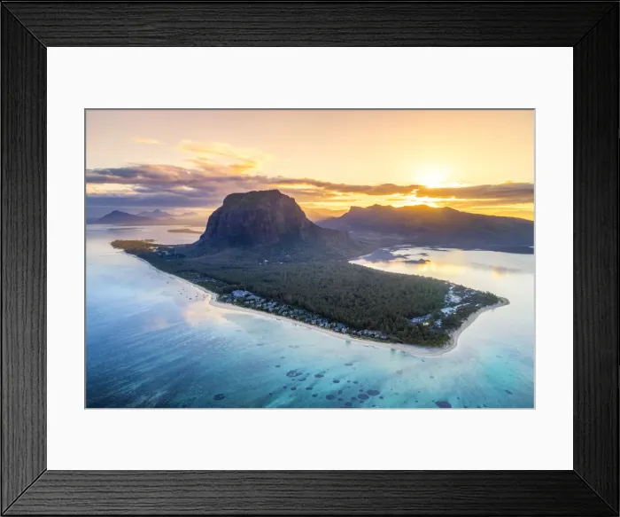 Framed Print : Aerial view of Le Morne Brabant peninsula during the sunrise. Le Morne, Black River