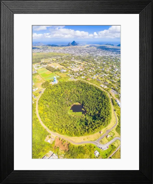 Framed Print : Aerial view of Trou Aux cerfs volcano crater with Curepipe city, Rempart mountain