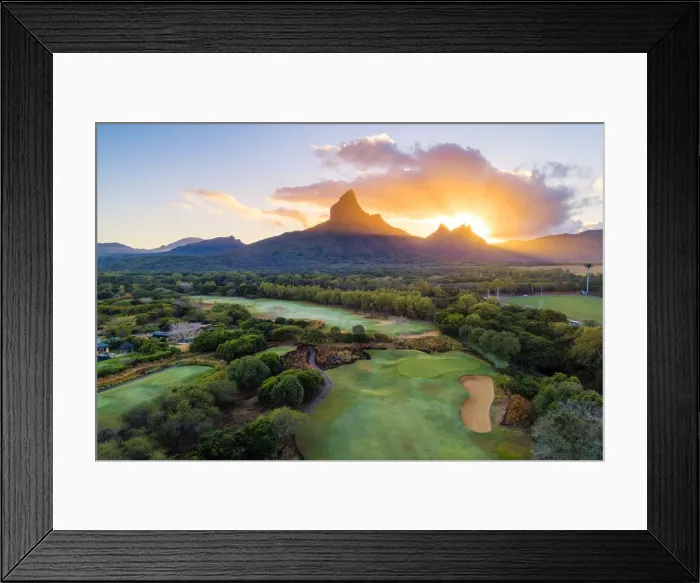 Framed Print : Aerial view of Tamarina golf course with Rempart mountain and Trois mamelles mountain Framed Print : Aerial view of Tamarina golf course with Rempart mountain and Trois mamelles mountain
