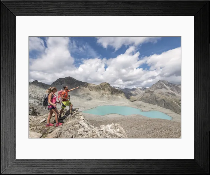 Framed Print : Hikers looking the alpine view of Lej Lagrev, Silvaplana, Canton of Graubunden, Engadine Framed Print : Hikers looking the alpine view of Lej Lagrev, Silvaplana, Canton of Graubunden, Engadine