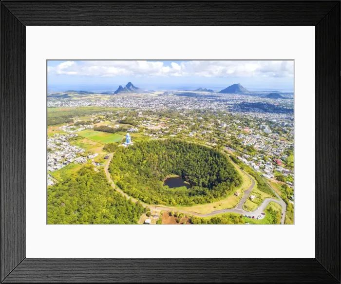 Framed Print : Aerial view of Trou Aux cerfs volcano crater with Curepipe city, Rempart mountain