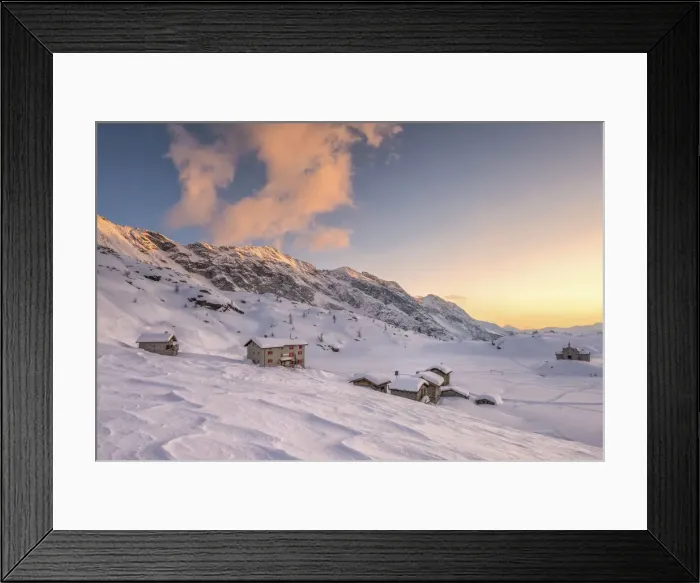 Framed Print : The refuge Cristina at sunset in a winter day at the Alpe Prabello, Prabello Alp in Framed Print : The refuge Cristina at sunset in a winter day at the Alpe Prabello, Prabello Alp in