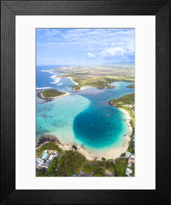 Framed Print : Aerial view of Blue Bay and Ile des deus cocos Framed Print : Aerial view of Blue Bay and Ile des deus cocos